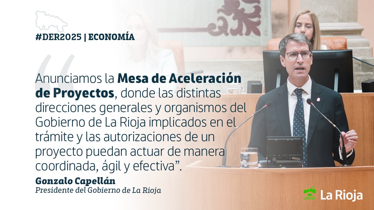 Gobierno de La Rioja (@lariojaorg) on Twitter photo 🏛️ DER2025 | <a href="/CapellanGonzalo/">Gonzalo Capellán</a>: "Anunciamos la Mesa de Aceleración de Proyectos donde las direcciones generales y organismos del Gobierno de La Rioja implicados en el trámite de un proyecto puedan actuar de manera coordinada".
📲 Directo: parlamento-larioja.org
#DER2025 🏛️ DER2025 | <a href="/CapellanGonzalo/">Gonzalo Capellán</a>: "Anunciamos la Mesa de Aceleración de Proyectos donde las direcciones generales y organismos del Gobierno de La Rioja implicados en el trámite de un proyecto puedan actuar de manera coordinada".
📲 Directo: parlamento-larioja.org
#DER2025
