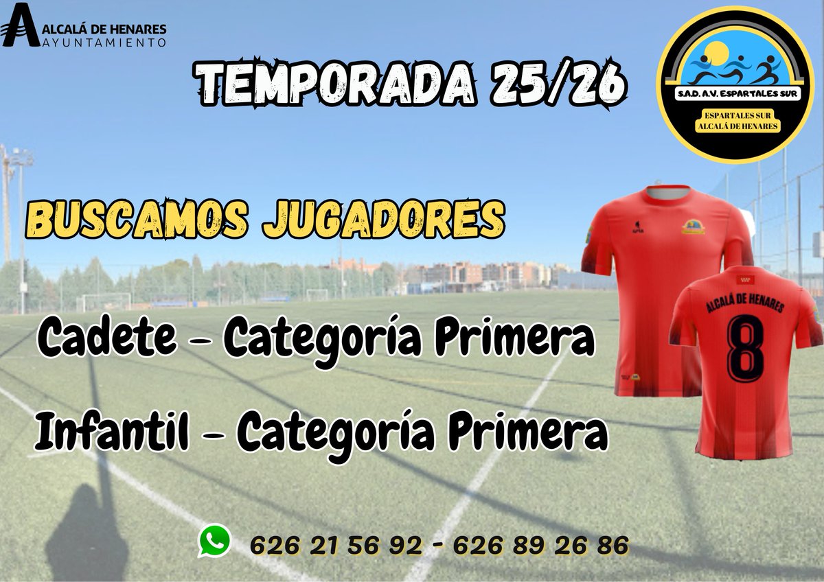 SAD Espartales Sur (@sad_espartales) on Twitter photo No nos queremos ir de vacaciones sin antes haceros saber que seguimos teniendo plazas disponibles en nuestro cadete y nuestro infantil A (2012).
¡No lo dejes para septiembre! 🧡🖤
<a href="/AlcalaHoy1/">AlcalaHoy</a> <a href="/AytoAlcalaH/">Ayuntamiento de Alcalá de Henares</a> <a href="/Alcala_Deporte/">Alcalá es Deporte</a> <a href="/elpuertadmadrid/">PUERTA DE MADRID</a> No nos queremos ir de vacaciones sin antes haceros saber que seguimos teniendo plazas disponibles en nuestro cadete y nuestro infantil A (2012).
¡No lo dejes para septiembre! 🧡🖤
<a href="/AlcalaHoy1/">AlcalaHoy</a> <a href="/AytoAlcalaH/">Ayuntamiento de Alcalá de Henares</a> <a href="/Alcala_Deporte/">Alcalá es Deporte</a> <a href="/elpuertadmadrid/">PUERTA DE MADRID</a>