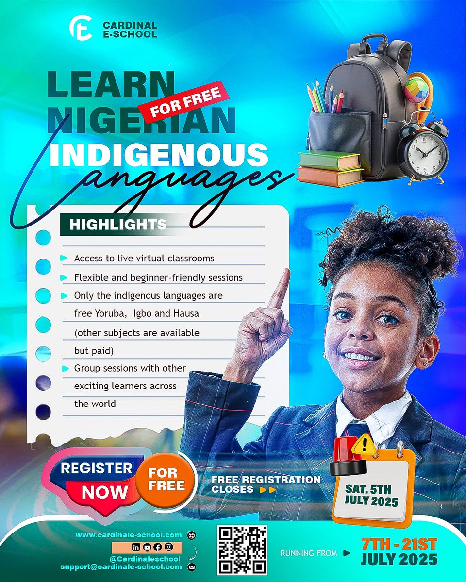 CardinalEschool's tweet photo. π£ Registration is OPEN!
Free virtual classes in Yoruba, Hausa & Igbo by @CardinalESchool start July 7.
π For all ages
π» 100% online
π― Totally FREE
Sign up now π https://t.co/2Hq34sZskG
#CardinalESchool #FreeLanguageClasses #AfricanLanguages #Yoruba #Hausa #Igbo https://t.co/peB60Ct6lH