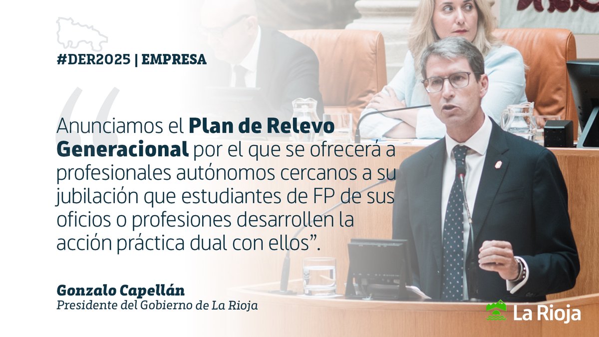 Gobierno de La Rioja (@lariojaorg) on Twitter photo 🏛️ DER2025 | <a href="/CapellanGonzalo/">Gonzalo Capellán</a>: "El Plan de Relevo Generacional ofrecerá a autónomos cercanos a su jubilación que estudiantes de FP desarrollen la acción práctica dual con ellos, incentivando este aprendizaje y relevo con la bonificación de la cuota básica de autónomo"
#DER2025 🏛️ DER2025 | <a href="/CapellanGonzalo/">Gonzalo Capellán</a>: "El Plan de Relevo Generacional ofrecerá a autónomos cercanos a su jubilación que estudiantes de FP desarrollen la acción práctica dual con ellos, incentivando este aprendizaje y relevo con la bonificación de la cuota básica de autónomo"
#DER2025