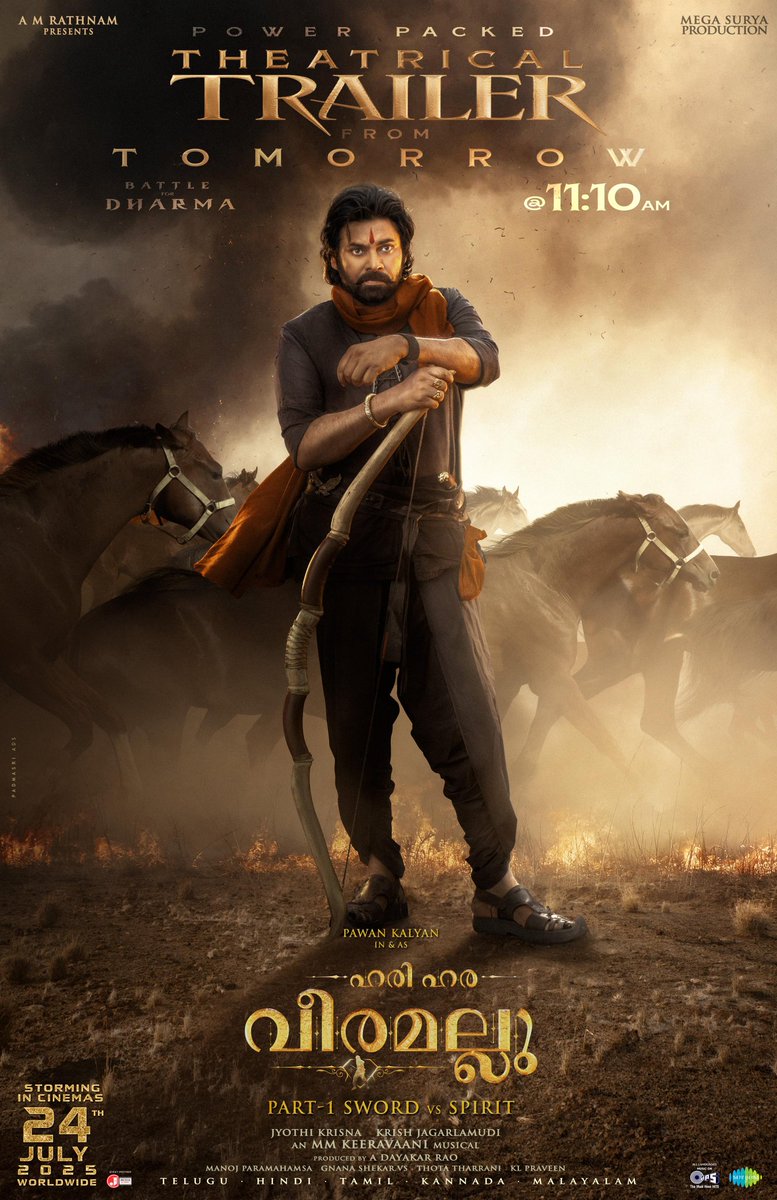 When the land cries for justice….
A lone warrior answers….
Not with rage, But with purpose. ⚔️⚔️🔥🔥

#HHVMTrailer tomorrow at 11:10 AM 💥🏹

#HariHaraVeeraMallu
#HHVMonJuly24th #HHVM 

Powerstar <a href="/PawanKalyan/">Pawan Kalyan</a> <a href="/AMRathnamOfl/">AM Rathnam</a> <a href="/thedeol/">Bobby Deol</a> #
 <a href="/MegaSuryaProd/">Mega Surya Production</a> <a href="/HHVMFilm/">Hari Hara Veera Mallu</a>