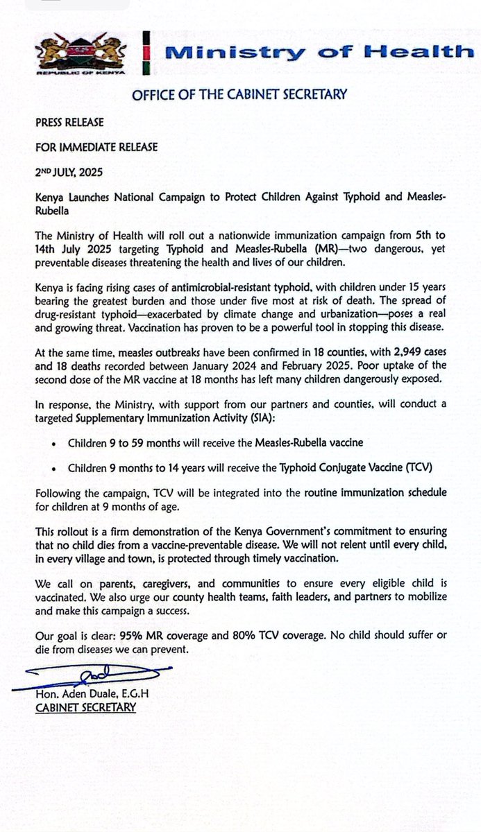PRESS RELEASE

Kenya Launches National Campaign to Protect Children Against Typhoid and Measles-Rubella