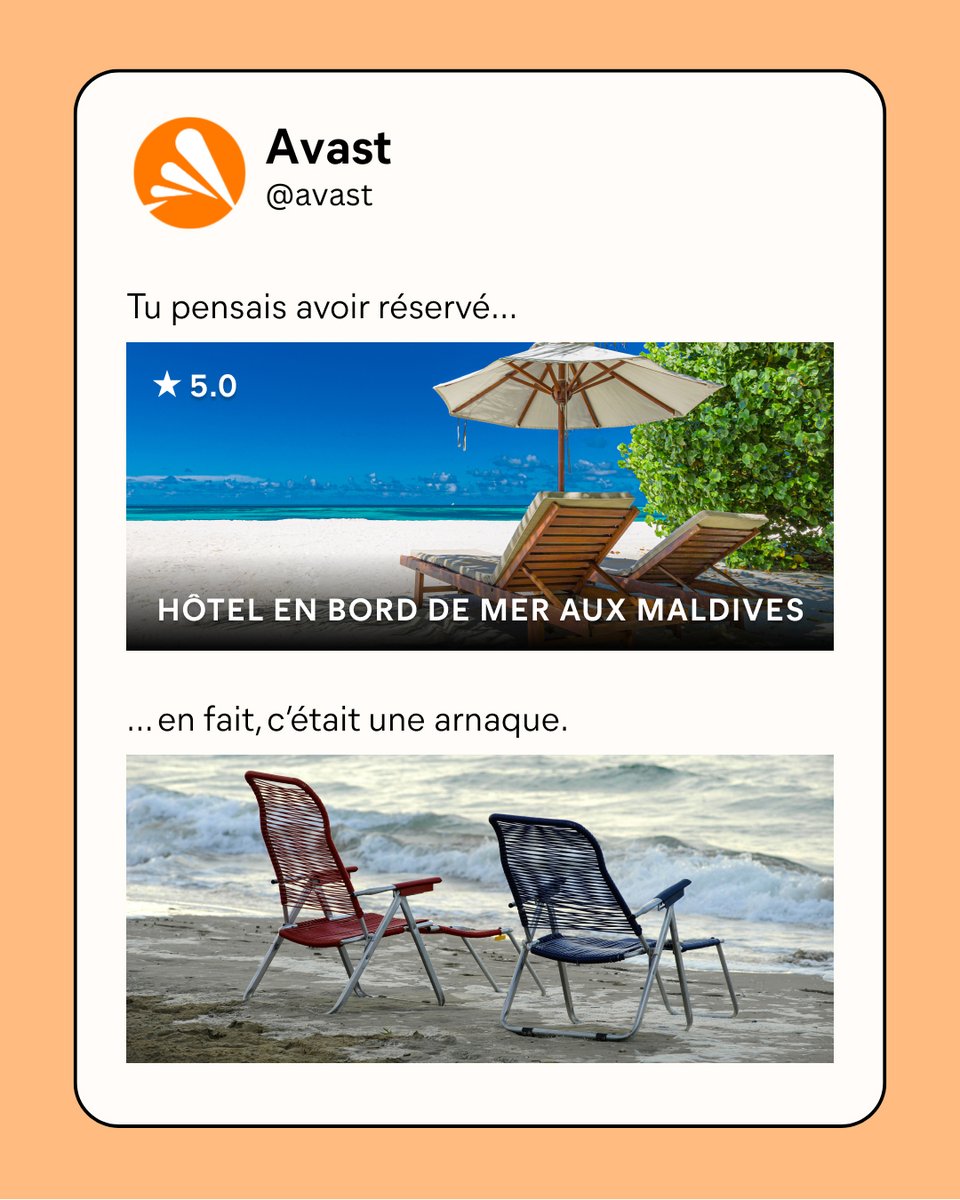 🌊 Tu penses qu'on essaie de t’arnaquer avec cette annonce en ligne pour un voyage de rêve ? 🏖️☀️🌴​
Obtiens des réponses rapidement grâce à notre nouvel assistant Avast. #arnaques
bit.ly/4kNH1G6