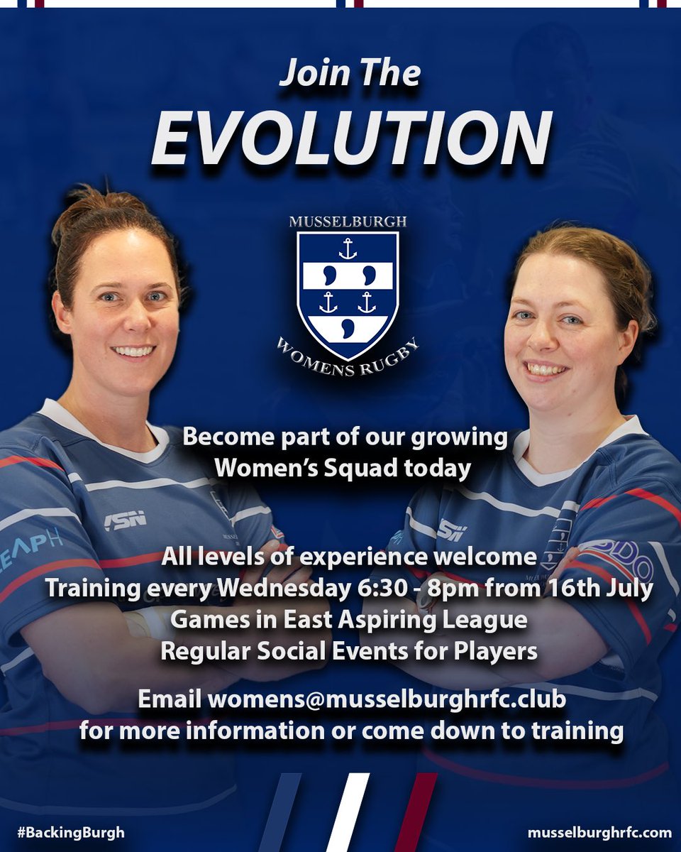 Musselburgh RFC (@musselburghrfc) on Twitter photo Become part of Musselburgh Women’s Rugby 🔵⚪️
💪 Training every Wednesday 6:30-8pm
🏉 Games in the East Aspiring League
🤝Regular Social Events with the Team
Pop down to training or email womens@musselburghrfc.club for more
#BackingBurgh Become part of Musselburgh Women’s Rugby 🔵⚪️
💪 Training every Wednesday 6:30-8pm
🏉 Games in the East Aspiring League
🤝Regular Social Events with the Team
Pop down to training or email womens@musselburghrfc.club for more
#BackingBurgh