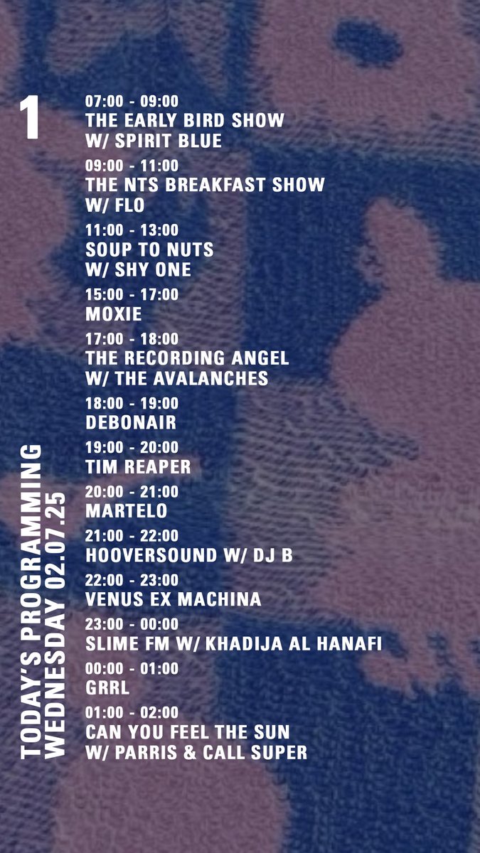 today on nts.live/1
<a href="/DJMoxie/">DJ Moxie</a> <a href="/TheAvalanches/">The Avalanches</a> <a href="/RadioDEBONAIR/">DEBONAIR</a> <a href="/iammartelo/">MARTELO</a> <a href="/GRRLmusic/">𝑮𝑹𝑹𝑳</a> <a href="/parris_dj/">Parris</a>