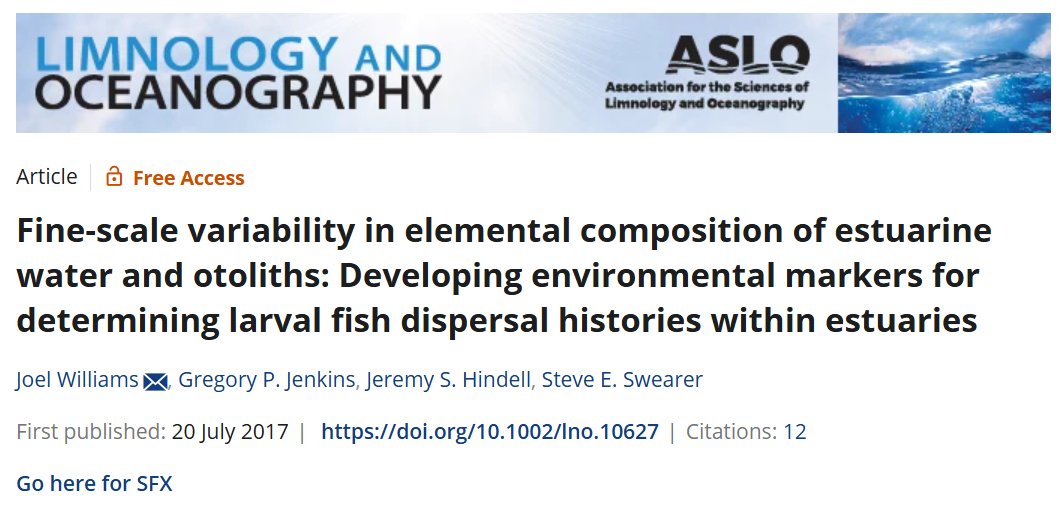 Flashback to my 4th PhD chapter. While this was a classic 4th chapter, this goes down as one of my most interesting papers! Taking a multi-elemental approach to larval fish otolith microchemistry can distinguish location of larvae in the water column
 aslopubs.onlinelibrary.wiley.com/doi/full/10.10…