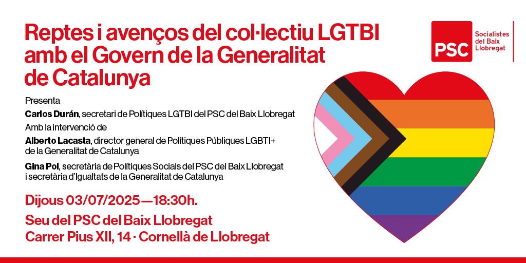 PSCBaix / ❤️ (@pscbaix) on Twitter photo 🏳️🌈🏳️⚧️ Reptes i avenços del col·lectiu #LGTBI amb el <a href="/govern/">Govern de Catalunya</a>
🗣️ Amb <a href="/CarlosDuranRu/">Carlos Durán</a>, <a href="/LacastaHuelin/">Alberto Lacasta</a> i <a href="/ginapol/">Gina Pol Borràs</a>
🗓️ Demà a les 18.30h
📍 Seu del <a href="/PSCBaix/">PSCBaix / ❤️</a> 🏳️🌈🏳️⚧️ Reptes i avenços del col·lectiu #LGTBI amb el <a href="/govern/">Govern de Catalunya</a>
🗣️ Amb <a href="/CarlosDuranRu/">Carlos Durán</a>, <a href="/LacastaHuelin/">Alberto Lacasta</a> i <a href="/ginapol/">Gina Pol Borràs</a>
🗓️ Demà a les 18.30h
📍 Seu del <a href="/PSCBaix/">PSCBaix / ❤️</a>