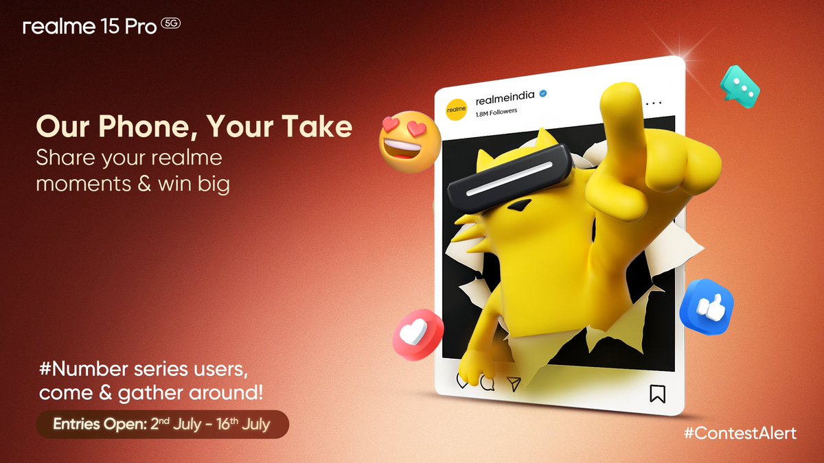 realmeIndia's tweet image. Your shot could win you the all-new #realme15Pro5G!
Snapped a special moment on your realme Number Series phone?
Post it with a catchy caption, tag @realmeIndia  and use #OurPhoneYourTake to enter.

📝 Note: All the photos must include the number series watermark
🎁 Prizes: