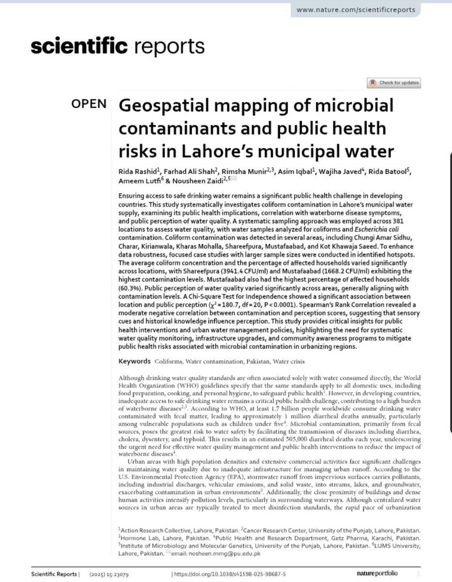 Nousheen Zaidi (@nosheen_z) on Twitter photo New study by <a href="/ActionResear/">Action Research Collective</a> in Scientific Reports (<a href="/NaturePortfolio/">Nature Portfolio</a>): 1,200+ water samples from Lahore show widespread microbial contamination and links to illness. A public health crisis that needs urgent action.
Read Here:rdcu.be/eupQm New study by <a href="/ActionResear/">Action Research Collective</a> in Scientific Reports (<a href="/NaturePortfolio/">Nature Portfolio</a>): 1,200+ water samples from Lahore show widespread microbial contamination and links to illness. A public health crisis that needs urgent action.
Read Here:rdcu.be/eupQm