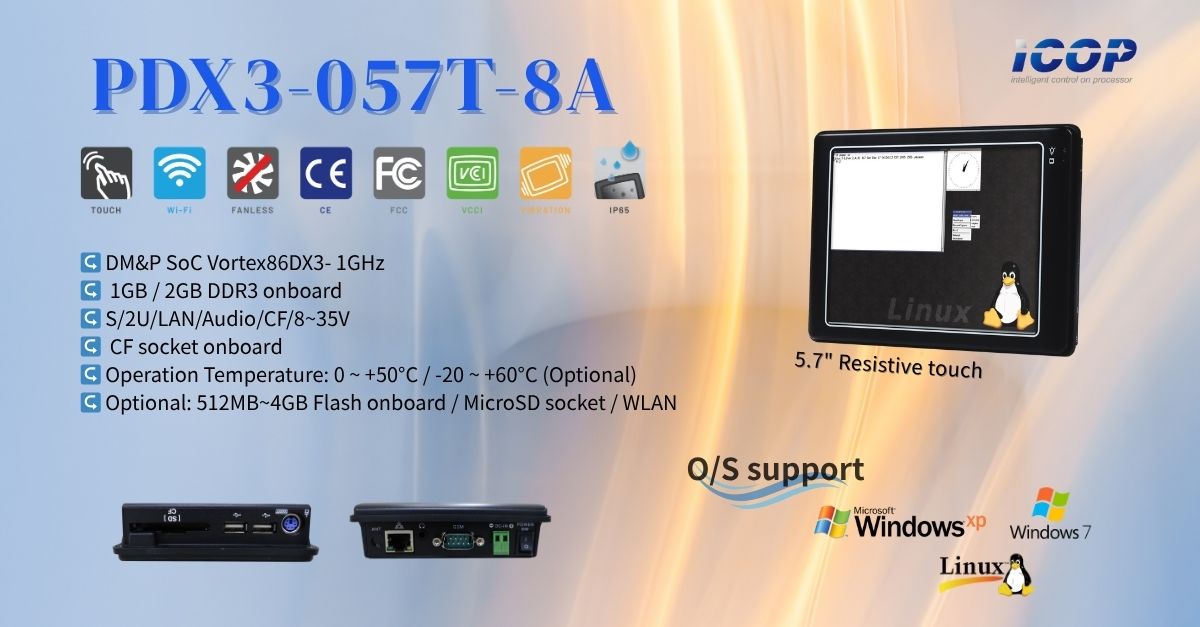🔹 PDX3-057T-8A #Industrial Touch #PanelPC

• 5.7" Touchscreen, 1/2GB DDR3
• DC 8–35V, Shock &amp; Vibration Proof
• CF Slot + Optional MicroSD/WLAN
• CE/FCC/VCCI Certified for #IIoT &amp; #Automation

👉 icop.com.tw/product/PDX3-0…
#Embedded #HMI #ICOP #Vortex86 #HMI #FanlessPC