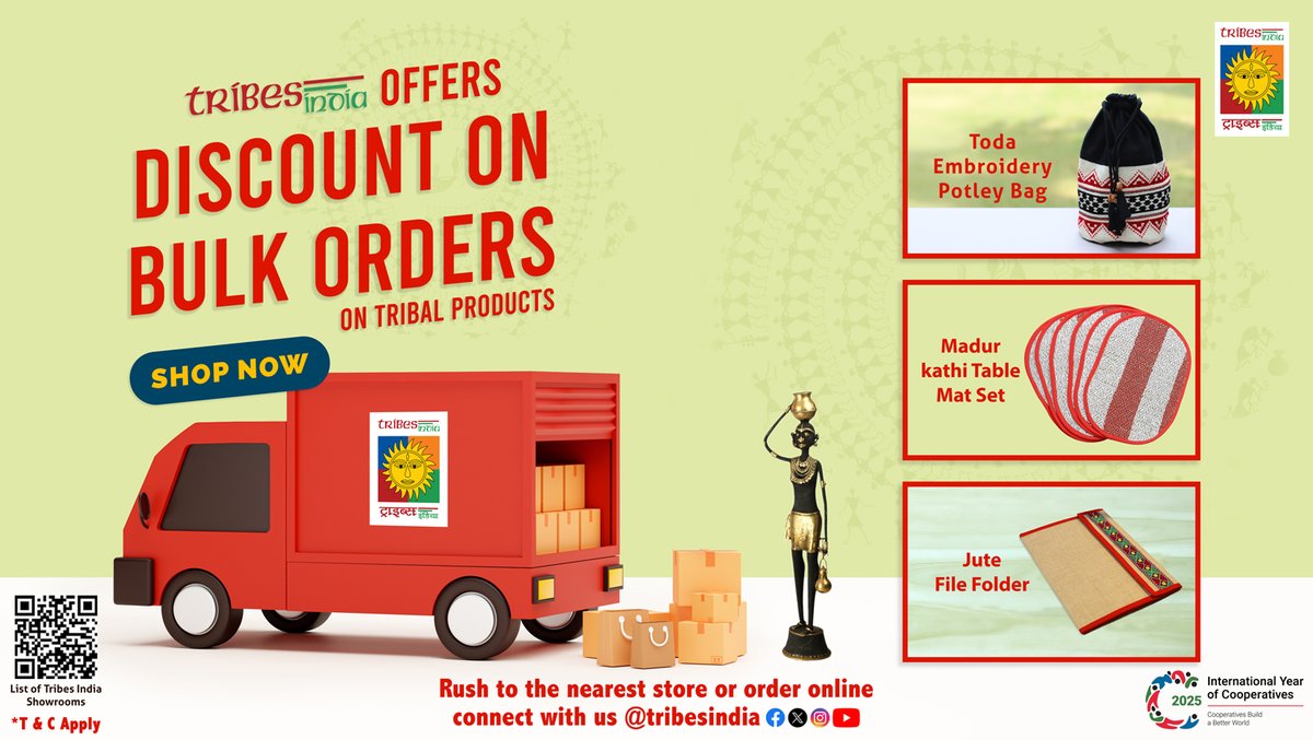 Going Big on Orders?
Save Big too!
* 20% OFF - Tribal Handlooms &amp; Crafts
* 10% OFF - Wellness Goods
* For ₹1L+ Orders | NGOs | Institutions | Corporates

👉 bitly.cx/pFvTT or visit tribesindia.com

#Vocal4Local #BuyTribal #SupportTribalArtisans