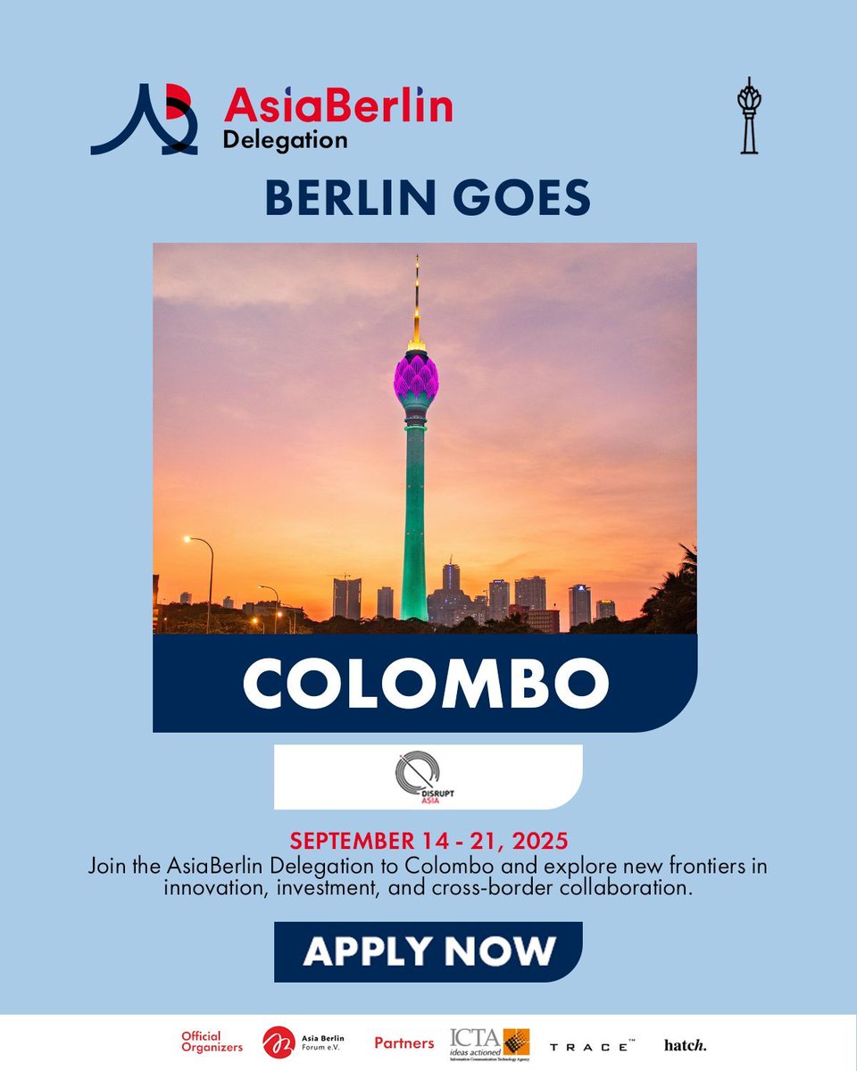 Berlin Goes Colombo — Strategic Investors Wanted for South Asia’s Rising Innovation Hub ✈️
📍 Disrupt Asia 2025 | Investor Delegation
September 14–21, 2025 | Colombo, Sri Lanka
Apply now: asia.berlin/delegations/20…

Open to all strategic investors globally!
 
Disrupt Asia 2025: