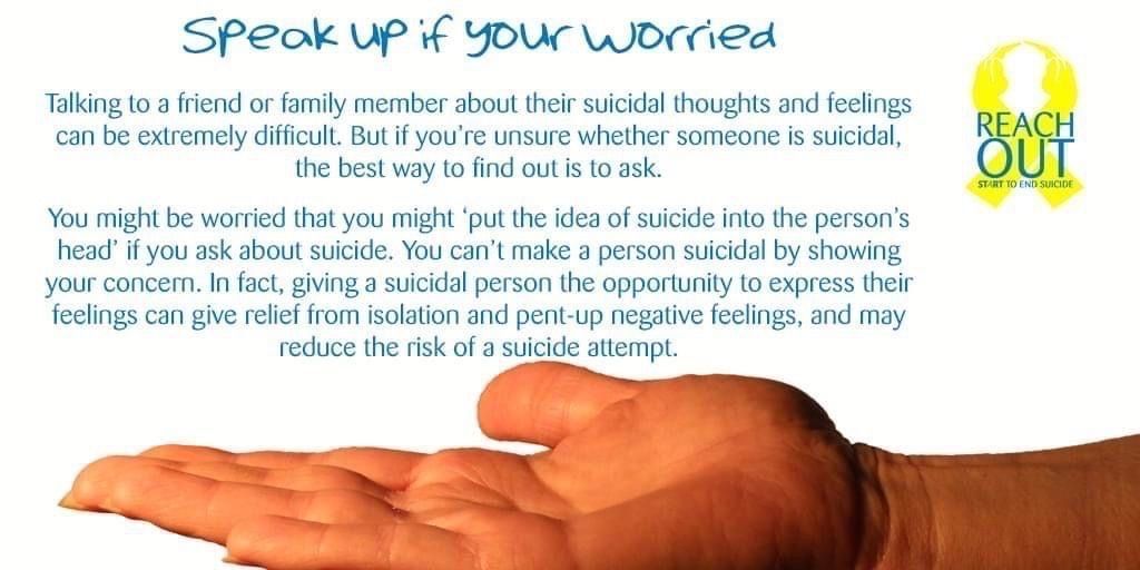 Speak up if you’re worried, it could save a life. REACH OUT; Start to End Suicide #suicideprevention #reachoutstes