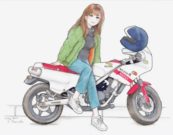 Honda NS250R ちょっと懐かしいバイク。「マブいスケ」みたいな昭和後半のイメージで女の子を仕上げました。