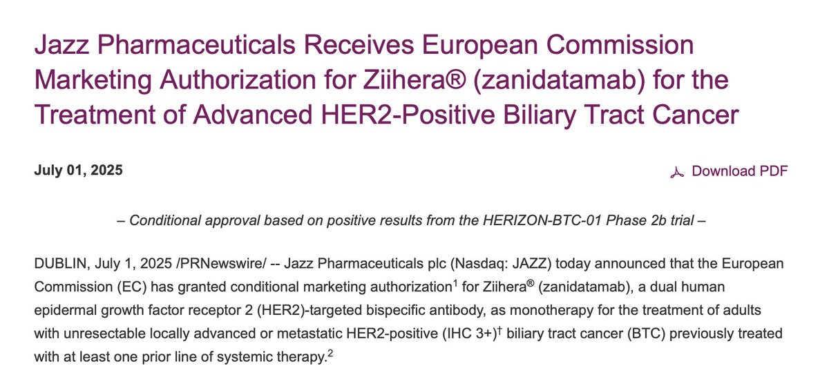 Arndt Vogel (@arndtvogel) on Twitter photo 🔥Jazz Pharmaceuticals Receives European Commission Marketing Authorization for Ziihera®
(zanidatamab) for the Treatment of Advanced HER2-Positive Biliary Tract Cancer🔥
👉great news, another 🇪🇺 approval in BTC
🧐Don't forget IHC Her2 testing in BTC!
<a href="/myESMO/">ESMO - Eur. Oncology</a> <a href="/EASLedu/">EASL Education</a> <a href="/ILCAnews/">ILCA</a> 🔥Jazz Pharmaceuticals Receives European Commission Marketing Authorization for Ziihera®
(zanidatamab) for the Treatment of Advanced HER2-Positive Biliary Tract Cancer🔥
👉great news, another 🇪🇺 approval in BTC
🧐Don't forget IHC Her2 testing in BTC!
<a href="/myESMO/">ESMO - Eur. Oncology</a> <a href="/EASLedu/">EASL Education</a> <a href="/ILCAnews/">ILCA</a>
