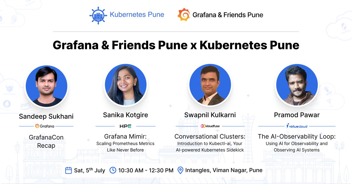 kubernetes_pune's tweet image. Exciting update 🎉
We're joining hands with Grafana & Friends to host the July chapter!
See you all at @intangles office, where observability & Kubernetes folks are gathering. Attend to chat, learn & spend time with like-minded folks😀
RSVP👇
community.cncf.io/e/mbkmt8/