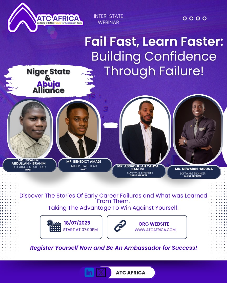 ATCAfrica_Fct's tweet image. Fail Fast, Learn Faster! 🚀 Failure isn&apos;t the end, it&apos;s a stepping stone to success!💪 Join us on July 18th, 7pm WAT on Google Meets.
Click to Register: lu.ma/i6mjy8kk #FailFastLearnFaster #Webinar #ConfidenceThroughFailures
#atcafricahq