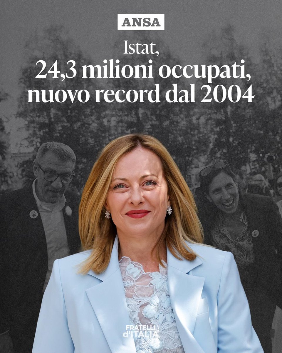 Mai così tanti occupati in Italia. I dati ISTAT segnano un record assoluto dal 2004, con oltre 1,3 milioni di lavoratori in più rispetto al 2020. 

Un risultato storico che certifica il successo delle politiche sul lavoro del Governo Meloni.