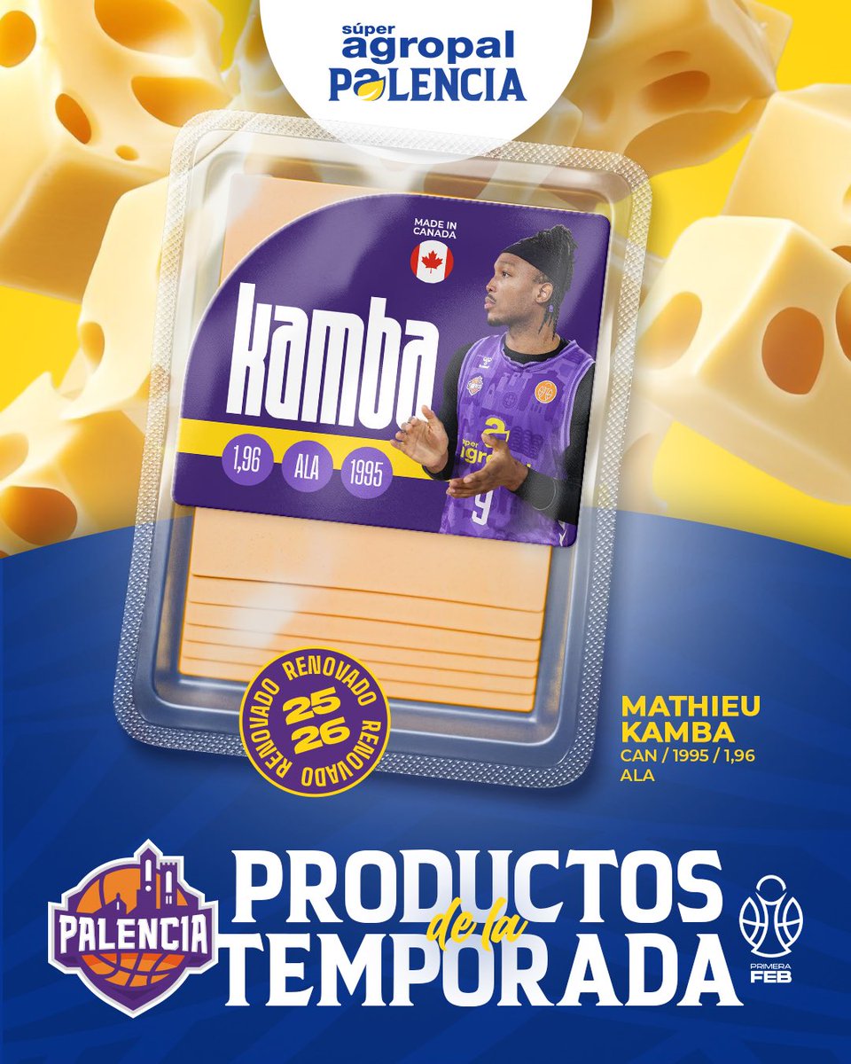 Palencia_Basket's tweet photo. ✈️👨🏿‍✈️🇨🇦
📢 ¡Atención, Palencia! 😎
✅ ¡Sí! ¡Mathieu KAMBA seguirá volando un año más en Palencia!

🧀 Producto: Cheddar canadiense. No puede faltar en ninguna buena combinación… como Kamba.

💜 #ProductoDeTemporada @KambaSlice https://t.co/tSMeNehrIB