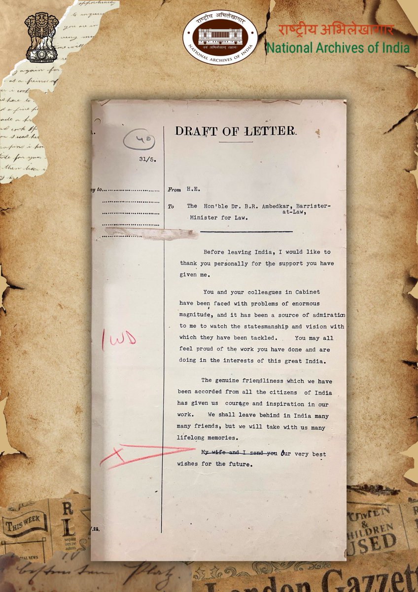 IN_Archives's tweet image. #ArchiveOfTheWeek

#NAI presents a letter dated 31 May 1948 from Lord Mountbatten to Dr. B.R. Ambedkar, praising his “statesmanship and vision” during India’s constitutional transformation.

-President Secretariat, Gen., 1948, Fn. No. 142(3)-GG/47
 #HistoryThroughNAI