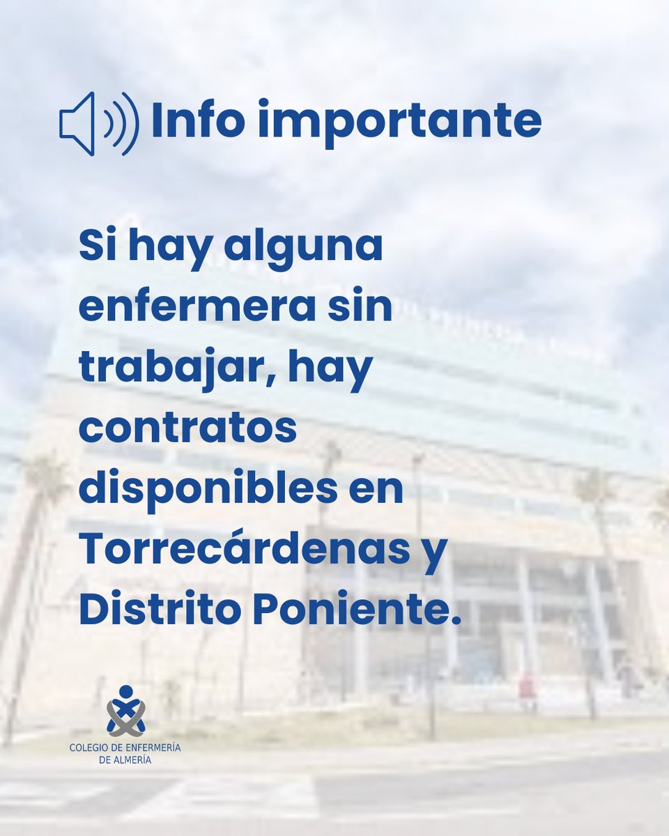 📢 ¡Atención, compañeras/os!

Si eres enfermera/o y estás sin trabajo, hay contratos disponibles en:
🏥 Hospital Torrecárdenas
🏥 Distrito Sanitario Poniente

#EnfermeríaAlmería