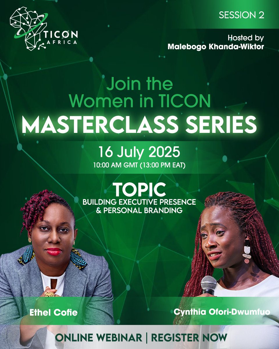 The Women in TICON Masterclass is back!

Join Malebogo Khanda-Wiktor with Ethel Cofie &amp; Cynthia Ofori-Dwumfuo as they unpack executive presence &amp; personal branding.

Wednesday, 16 July | 10:00 AM GMT (13:00 PM EAT)

Register Now: ta.uxi.re/dBgqS

#WomenInTICON