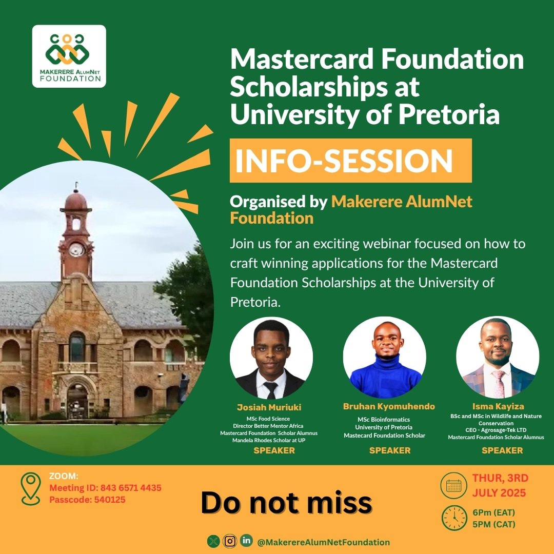 𝑺𝒕𝒖𝒅𝒚 𝒂𝒕 𝑼𝒏𝒊𝒗𝒆𝒓𝒔𝒊𝒕𝒚 𝒐𝒇 𝑷𝒓𝒆𝒕𝒐𝒓𝒊𝒂 
Hello Friends 
This Thursday, July 3rd, 2025, <a href="/MCFAlumniUg/">MFABU</a> will be hosting a highly informative webinar with Alumni and student from <a href="/UPTuks/">University of Pretoria</a>.

If you're considering studying at UP, this is an excellent chance to hear