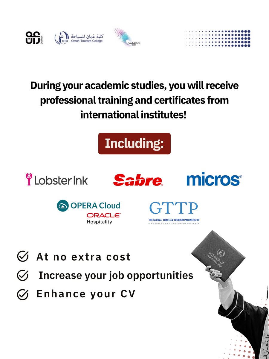 thisisOTC's tweet photo. At Oman Tourism College, you can study, train, and collect international certificates while completing your academic studies✨.
#otc #كلية_عمان_للسياحة #lobsterink #sabre #micros #opera_cloud #GTTP https://t.co/JVouSO4sad
