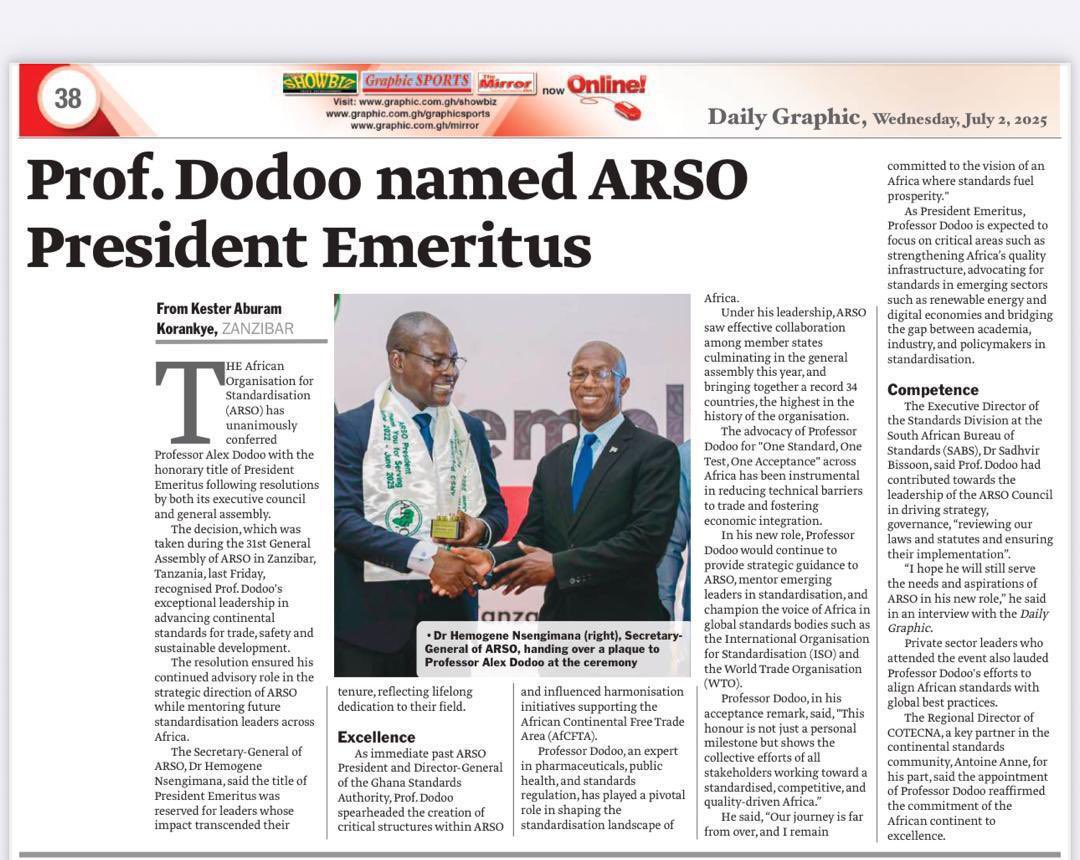Appointed to serve further for standards and quality infrastructure in Africa and across the world
