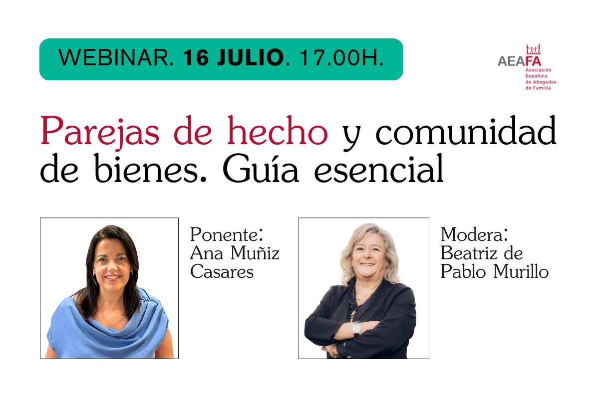 Vamos a por la última webinar de la temporada con una cuestión cada vez más importante:

🟧Parejas de hecho y comunidad de bienes. Ponente: Ana Muñiz Casares.
☑️Inscripción asociados: aeafa.es/conferencias-a…