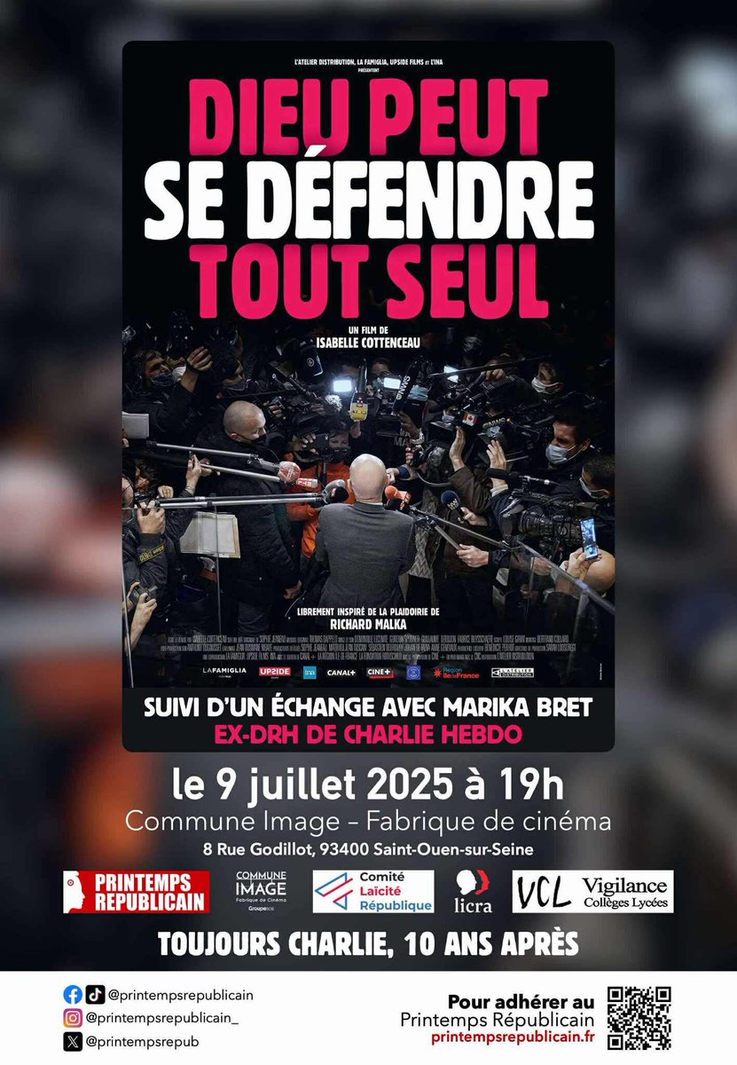printempsrepub's tweet image. Séance de projection exceptionnelle du film "Dieu peut se défendre tout seul" d’Isabelle Cottenceau, à l'initiative du Printemps Républicain Paris / IDF : mercredi 9 juillet à 19 h
à Commune Image - Fabrique de Cinéma – Saint-Ouen.
Entrée libre.
Réservation :…