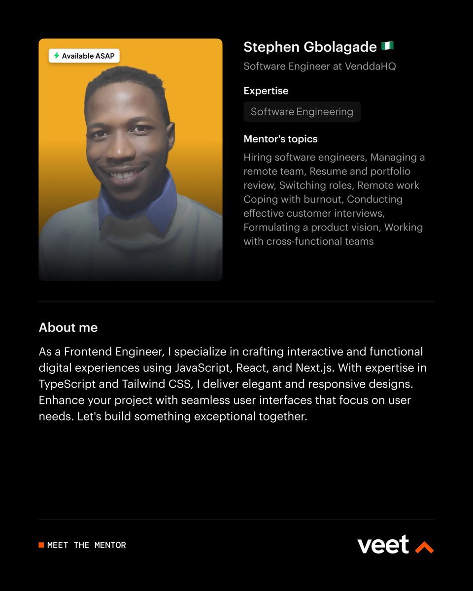 joinveet's tweet image. Meet our new mentor on Veet!
Stephen Gbolagade | Software Engineer
@stephen_olgade crafts seamless, responsive UIs with React & Next.js. He’s all about clean code, smart design & building what users actually need.
💻 Book a session: joinveet.com/mentor/stephen…
#FrontendDev #veet