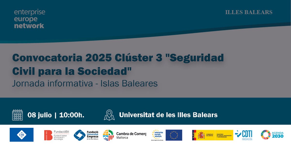 CDTI_innovacion's tweet image. 📢 El CDTI Innovación presentará las oportunidades en #HorizonteEuropa para la investigación de la Seguridad Civil para la Sociedad en la jornada informativa sobre la convocatoria 2025 del #Clúster3 organizada por @UIBuniversitat y @EEN_spain 

🗓️ 8 de JULIO | 📍 @UIBuniversitat…