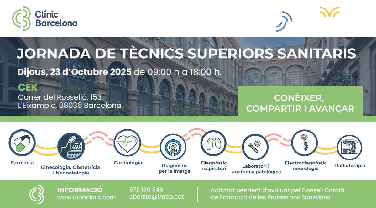hospitalclinic's tweet photo. El #CLÍNIC organiza la 1a Jornada de Técnicos Superiores Sanitarios (TSS)!
📆 23/10/2025
📍 CEK – C. Rosselló, 153
🕘 De 9h a 18:15h

Inscripciones ➡️ https://t.co/XJhX2oBsfs

🎯 ¡Espacio para compartir, aprender y visibilizar el rol de los #TSS en el ámbito hospitalario, y casos prácticos multidisciplinares!

#TSS #DirecciónEnfermera #Salud #JornadaSanitaria