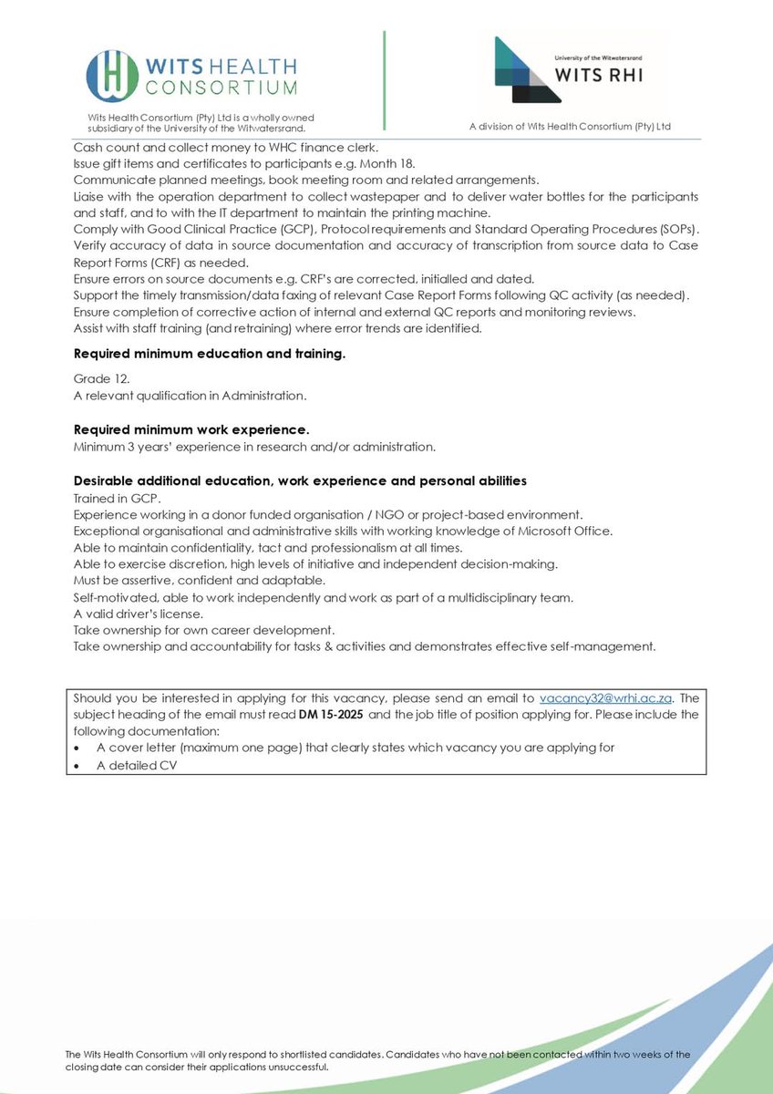 Communications Officer
Project Administrator 

Wits Health Consortium 

 03 July 2025