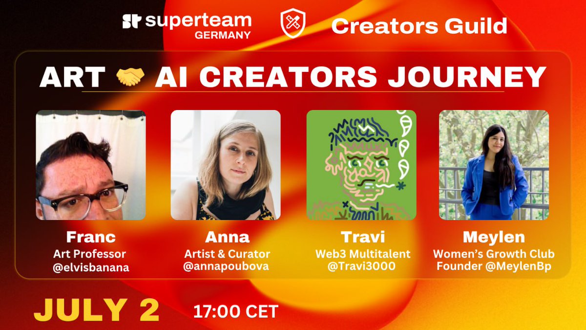 SuperteamDE's tweet photo. CREATORS GUILD: ART 🤝 AI - TODAY!

🎙️ SPEAKERS:
🎨 Prof. Francisco Guerrero @elvisbanana
🖼️ Curator Anna Poubova https://t.co/1aQI3BGRaG
🧙 Web3 Multitalent Travi @Travi3000
💡 Founder &amp; Creative Meylen @MeylenBp
&amp; HOST: Paul @tarartrat of Superteam Germany

SET REMINDER👇 https://t.co/xEpcTFVayj