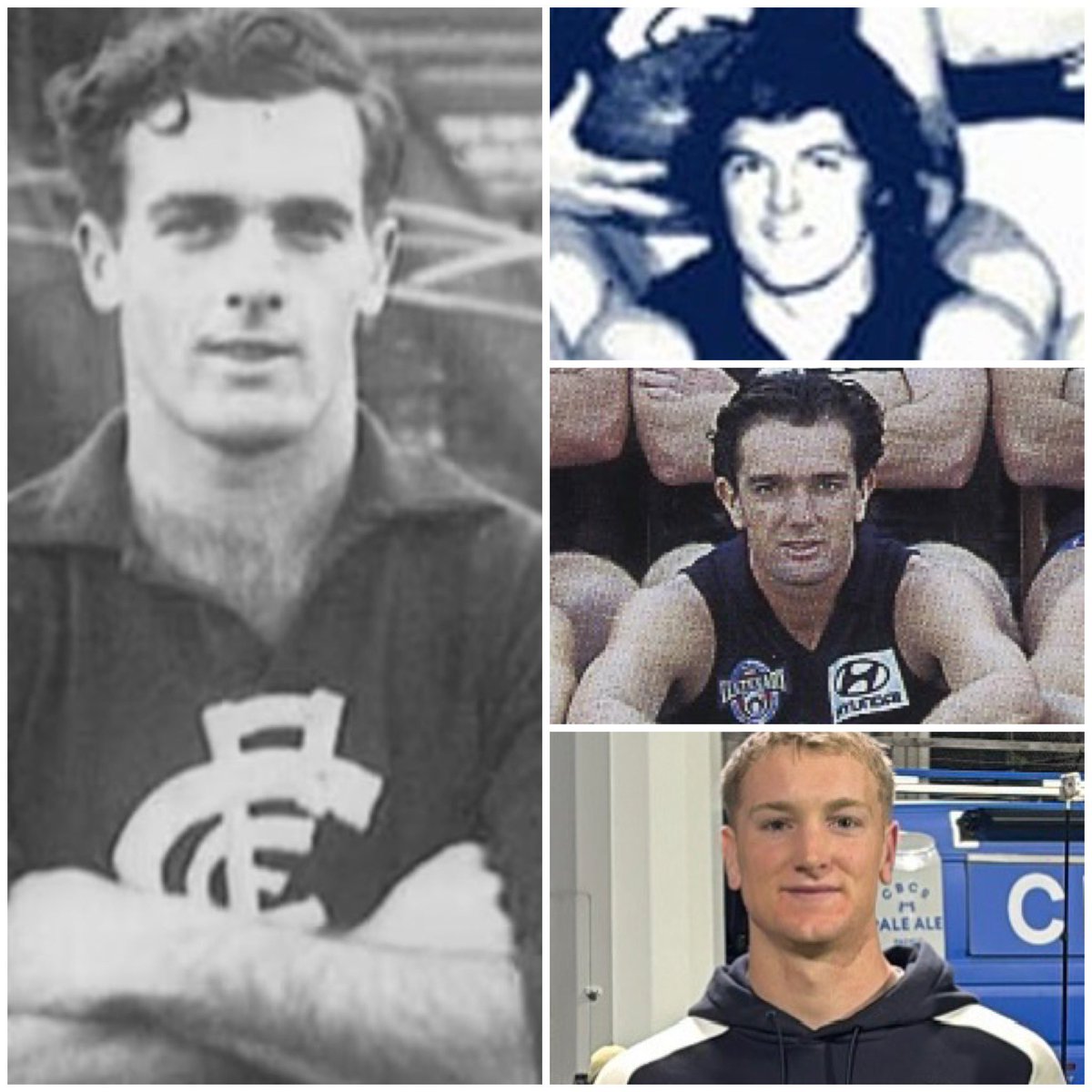 tony_debolfo's tweet image. Four generations of Warburtons through eight decades of Carlton history. Clockwise from left: Keith, Peter, Brett and (now) Oliver.