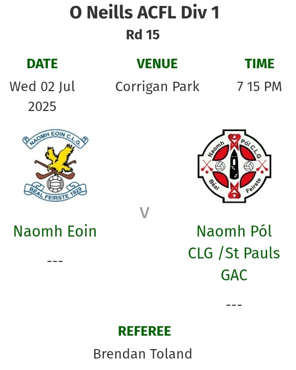 Senior footballers complete their league games tonight with the visit of St Paul's to Corrigan (7.15). Hope to see you there! 🔵⚪🔵