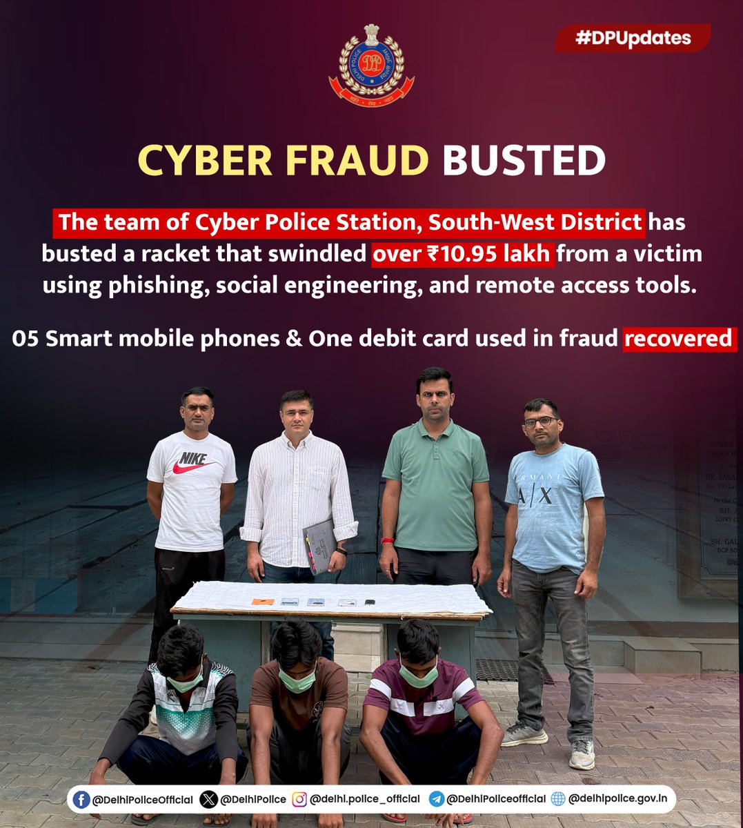 Delhi Police (@delhipolice) on Twitter photo ЁЯМРThe team of Cyber Police Station of <a href="/dcp_southwest/">DCP South West District</a> has busted a sophisticated and organized fraud racket that swindled over тВ╣10.95 lakh.
ЁЯТ│Scammers called victim impersonating as an SBI official & pressurized him to update KYC details of his credit card via a provided link. ЁЯМРThe team of Cyber Police Station of <a href="/dcp_southwest/">DCP South West District</a> has busted a sophisticated and organized fraud racket that swindled over тВ╣10.95 lakh.
ЁЯТ│Scammers called victim impersonating as an SBI official & pressurized him to update KYC details of his credit card via a provided link.