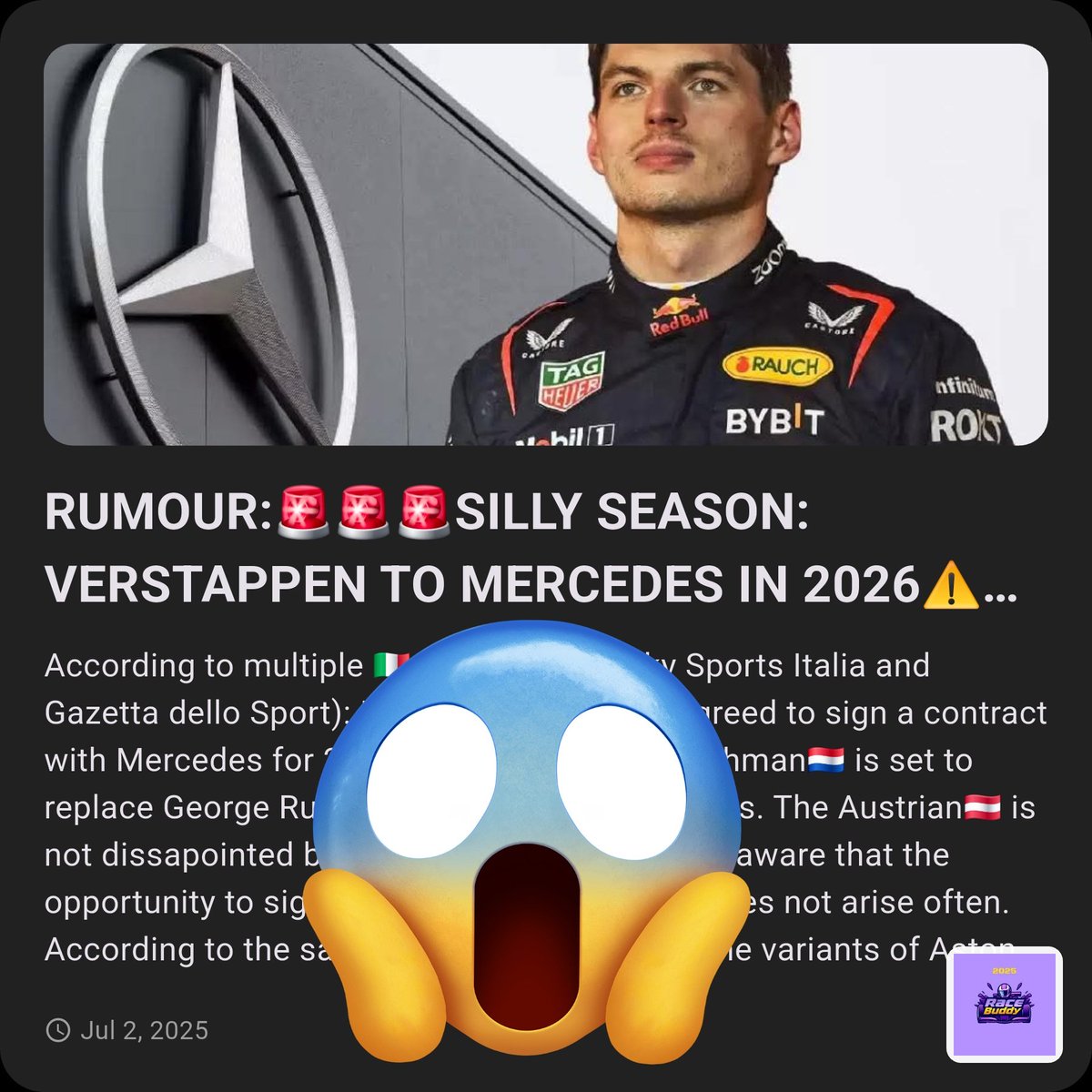 i_m_ceca's tweet photo. RUMOUR:🚨🚨🚨SILLY SEASON: VERSTAPPEN TO MERCEDES IN 2026⚠️⚠️⚠️
🧨🧨🧨BOMBSHELL: VERSTAPPEN IN MERCEDES
Get the latest news in Race Buddy and Follow https://t.co/hD0gpROy86
#f1 #formula1 #maxverstappen #georgerussell #mercedes #redbullracing #astonmartinf1 #totowolff #kimi https://t.co/WCOpogzimI