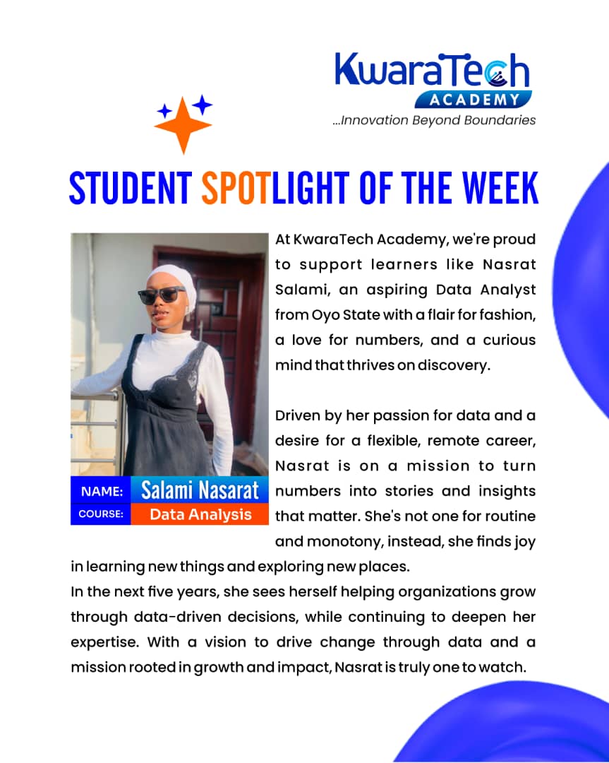 Kwaratechacad's tweet image. From Quantity Surveying to Data Analysis, Salami Nasrat is embracing tech to build the remote career of her dreams 💻✨ 

Her journey @KwaraTech Academy is a proof that it’s never too late to pivot and grow

Ready to start yours? Let’s make it happen!
 #datascience #ilorin #reels