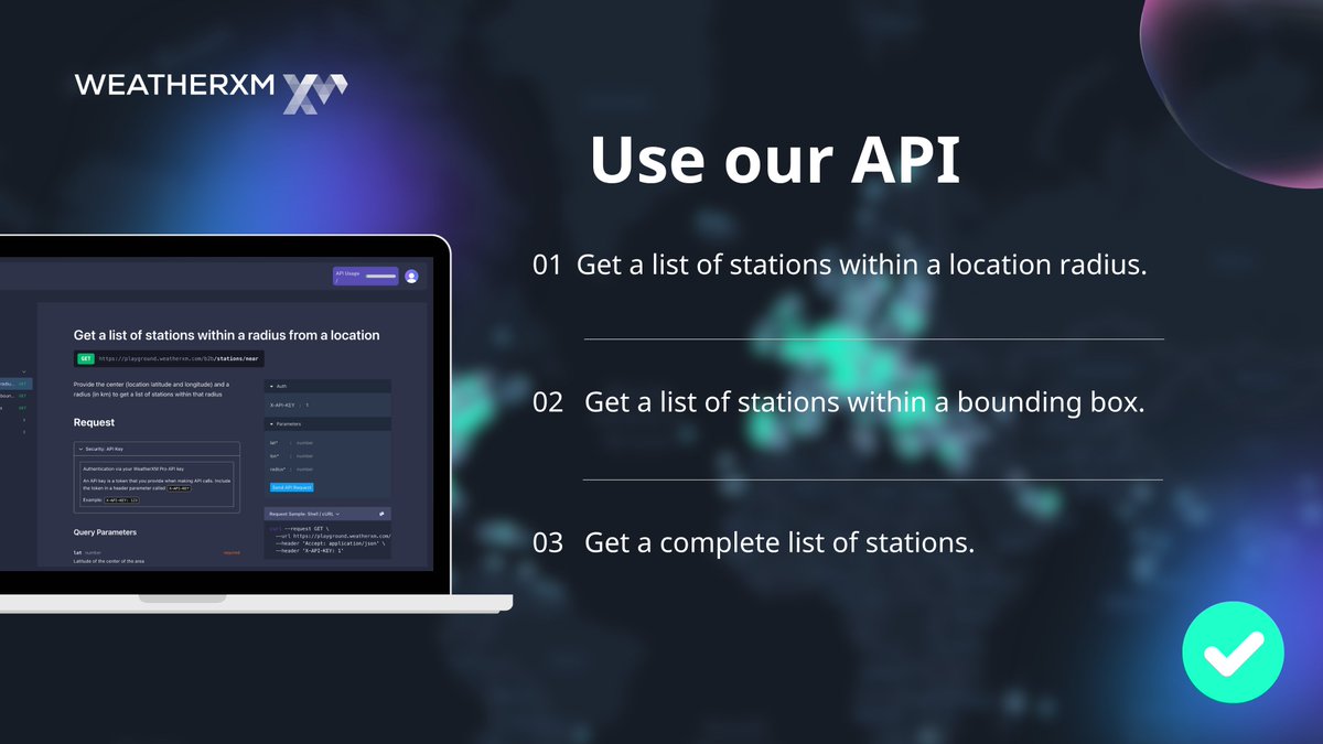 WeatherXM's tweet image. Developers, meet your weather data engine.
With our API you can:
- Pull forecasts by device or cell
- Retrieve historical model accuracy
- Integrate with your systems and dashboards

Use cases?
&amp;gt; AgriTech companies integrate forecasts into planting and spraying workflows
&amp;gt;…