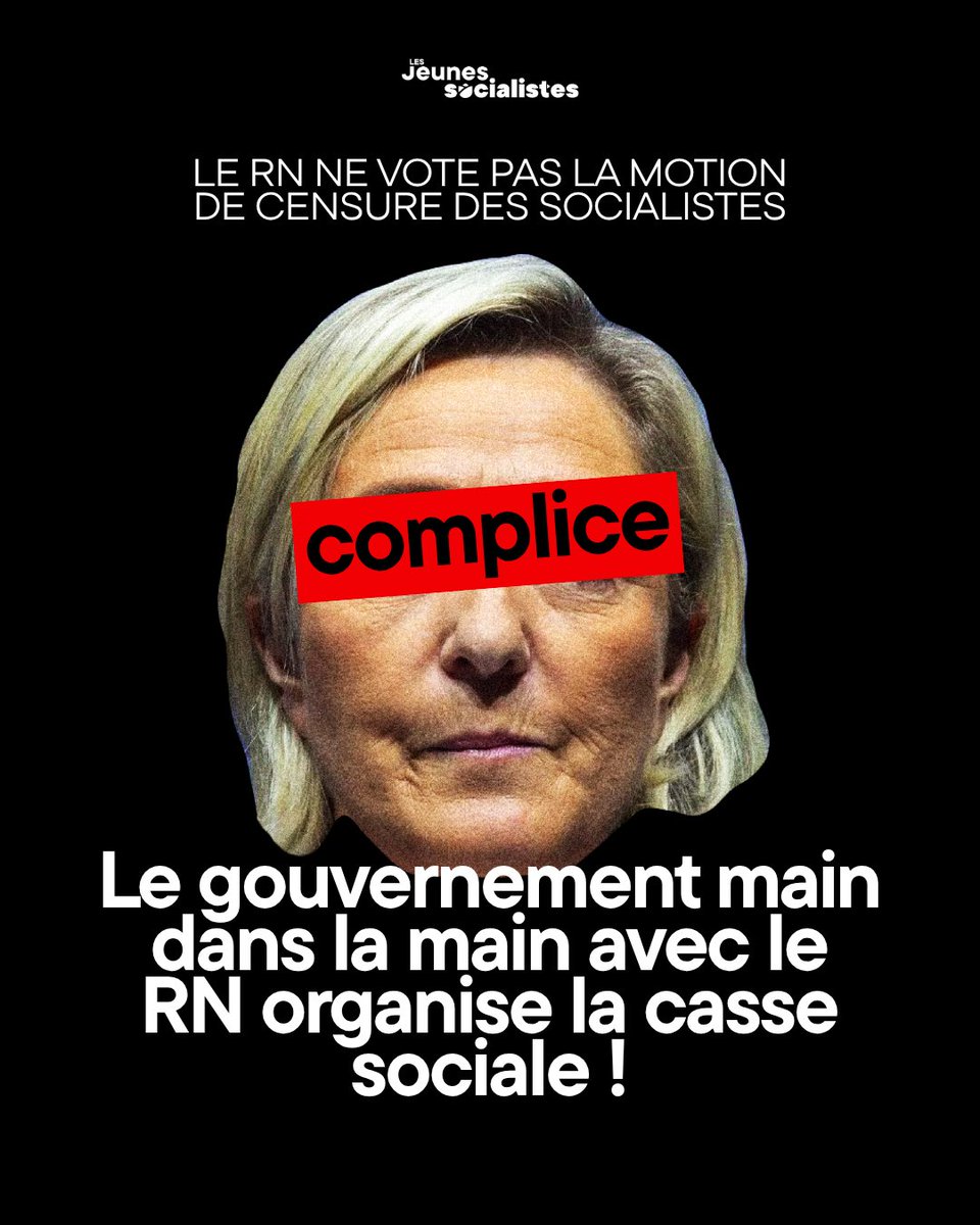 Hier, le RN n’a pas voté la motion de censure déposée par les député.e.s socialistes.

Ne pas censurer après ce renoncement, c’est accepter la politique du gouvernement. 
Le Rassemblement National et les macronistes organisent la casse sociale et veulent faire travailler toujours