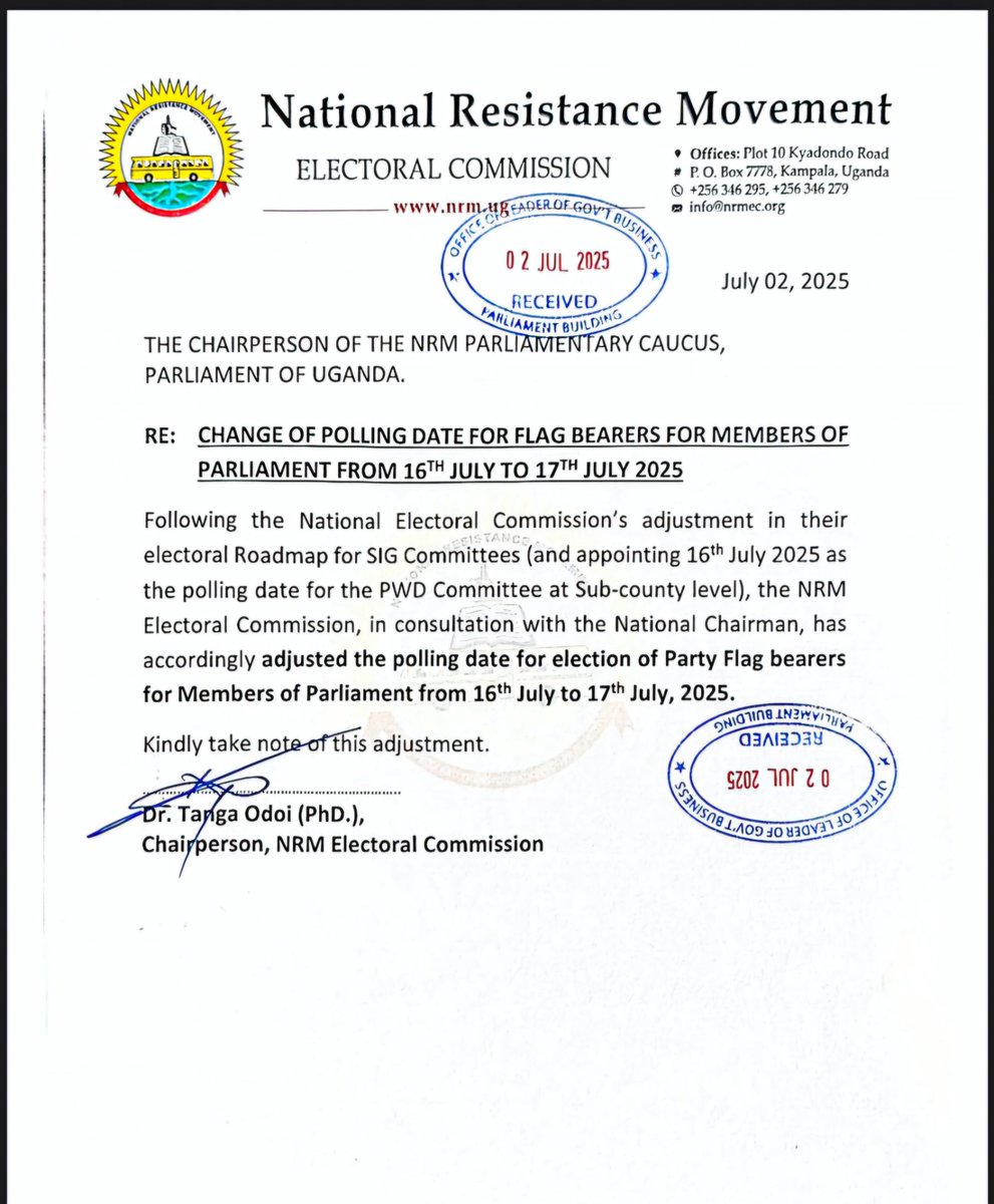 Musa Rwamigoye (@rwamigoyem) on Twitter photo Breaking News.
<a href="/NRMOnline/">NRM Party</a> has changed the polling date for flag bearers for members of <a href="/Parliament_Ug/">Parliament of Uganda</a> . <a href="/WKajwengye/">wilson kajwengye</a> <a href="/JovaniceTRO/">Jovanice Rwenduru,MP</a>
<a href="/mnkesiga14/">Nkesiga M.Kamiisi</a> <a href="/Rmukago/">Mukago D Rutetebya</a> <a href="/RuthRujokiM/">Ruth Rujoki Mushabe</a> Breaking News.
<a href="/NRMOnline/">NRM Party</a> has changed the polling date for flag bearers for members of <a href="/Parliament_Ug/">Parliament of Uganda</a> . <a href="/WKajwengye/">wilson kajwengye</a> <a href="/JovaniceTRO/">Jovanice Rwenduru,MP</a>
<a href="/mnkesiga14/">Nkesiga M.Kamiisi</a> <a href="/Rmukago/">Mukago D Rutetebya</a> <a href="/RuthRujokiM/">Ruth Rujoki Mushabe</a>