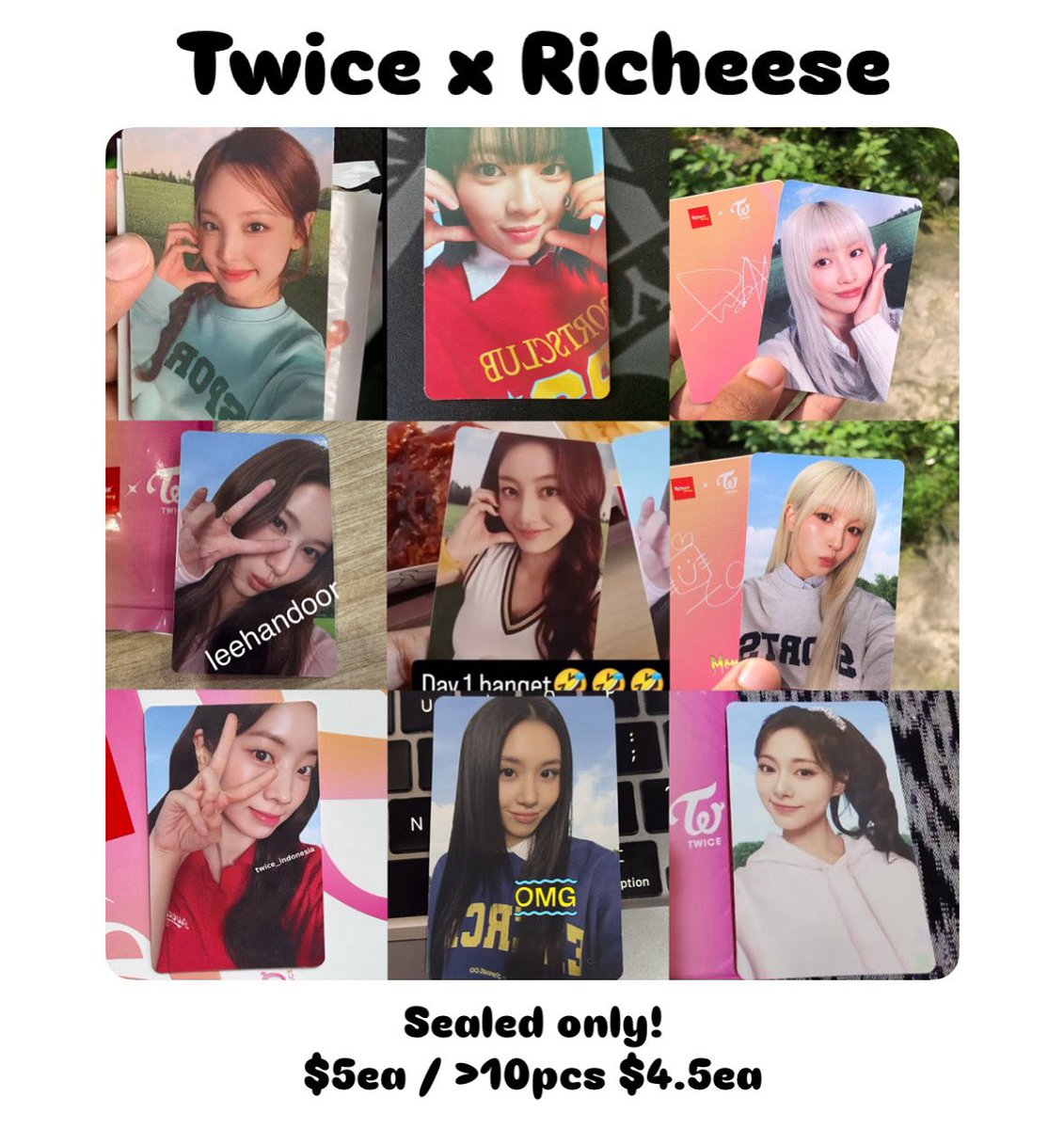 Twice x Richeese Photocard - INA PROXY

$5ea
$4.5ea for more than 10pcs
❗️for more than 10pcs, the food will be given to the homeless

✅ ww shipping through ems and shopee

t. twice richeese pc warehouse wh indo indonesia wts wtb sale selling ph id
