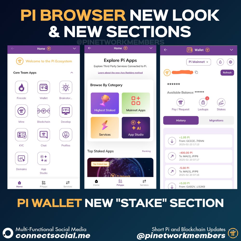 pinetworkmember's tweet photo. 🚨 BREAKING: The $Pi Browser and Pi Wallet just got updated !!!

The Pi Browser has got a slightly new UI, making it look more modern and user-friendly. New sections for CT created apps, community apps and 3r party apps have been added. Together, with separate sections for wallets, services, bridges, exchanges, top staked apps & bookmarked apps.

The Pi Wallet got a new "stake" section to keep an overview for the new staking option. Remember this is not the same "stake option" you may have heard from other projects. This "stake" option is only there to enable Pioneers to support their most loved apps without any reward in return.

#pi #pinetwork #minepi #picoin