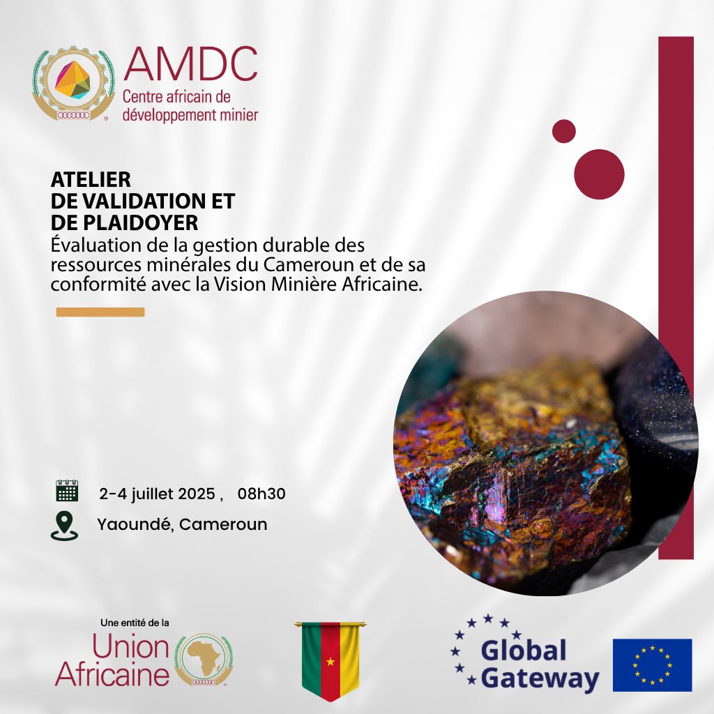 AluochObure's tweet photo. 📍Yaoundé | 2–4 July 2025

The AMDC, with support from the EU-TAF to AfCFTA, is hosting a Validation &amp; Advocacy Workshop on 🇨🇲 Cameroon’s mineral governance and its alignment with the Africa Mining Vision.

#StayTuned
#AMV #CAMining #GlobalGateway #ZLECAF #AMDC https://t.co/wtwnWFoVlV
