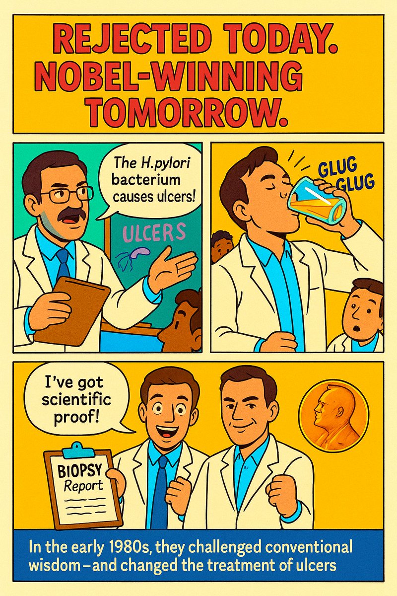 🧪 In the early 1980s, two Australian doctors—Barry Marshall and Robin Warren—claimed that H. pylori bacteria, not stress or spicy food, cause stomach ulcers.
 Medical experts mocked them. Journals refused them.