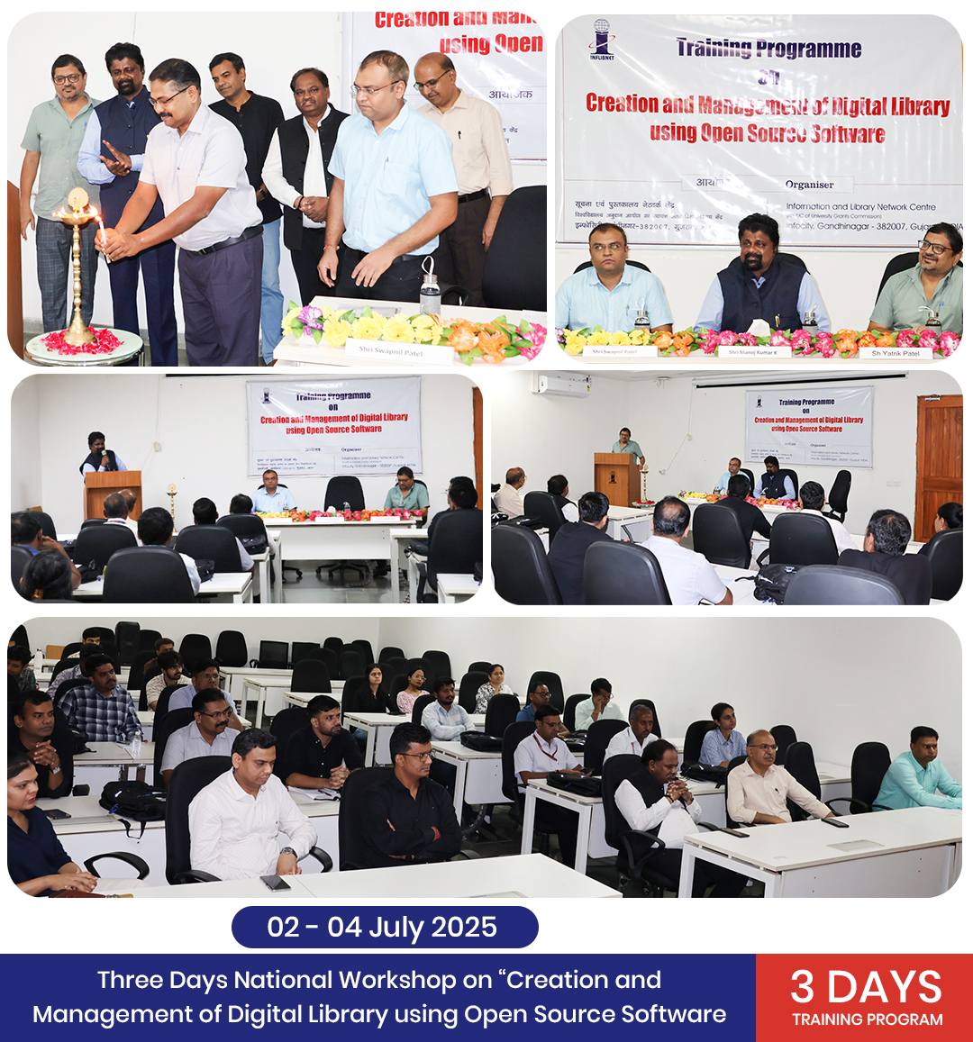 Three Days National Workshop on “Creation and Management of Digital Library using Open Source Software” is being organised at INFLIBNET Centre, Gandhinagar from 2nd to 4th July, 2025. The program was inaugurated by Sh. Manoj Kumar K, Scientist- F (CS), at <a href="/INFLIBNET/">INFLIBNET Centre</a>