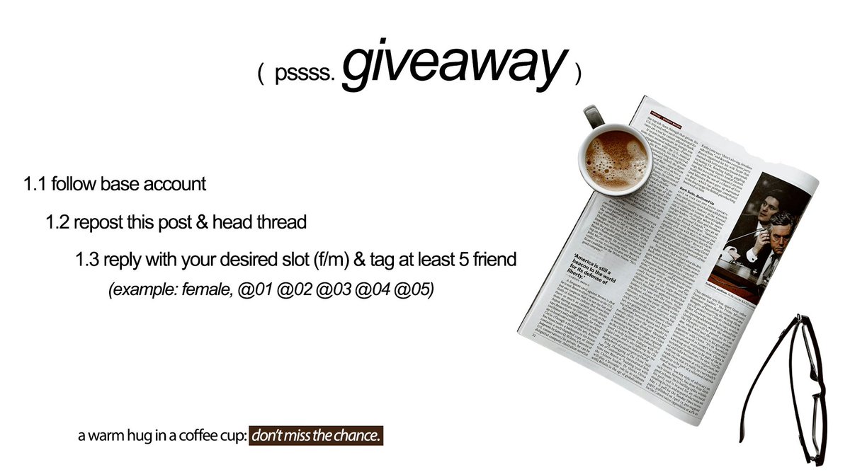 ada giveaway kecil2an sih. menang syukur kalah gpp iya

syaratnya gampang kok, follow akun ini, trs reply post di bawah post yg km mau (female atw male). trus ngetag 5 temen. ristwit post ini ‘n pinned twt. pemenang ditentukan oleh nasib cm jgn lupa doa